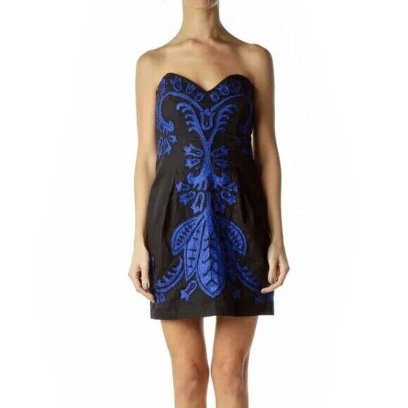 French Connection Strapless Dress Size 6 (US 2) Black Blue Beaded 100% Cotton - Picture 1 of 9